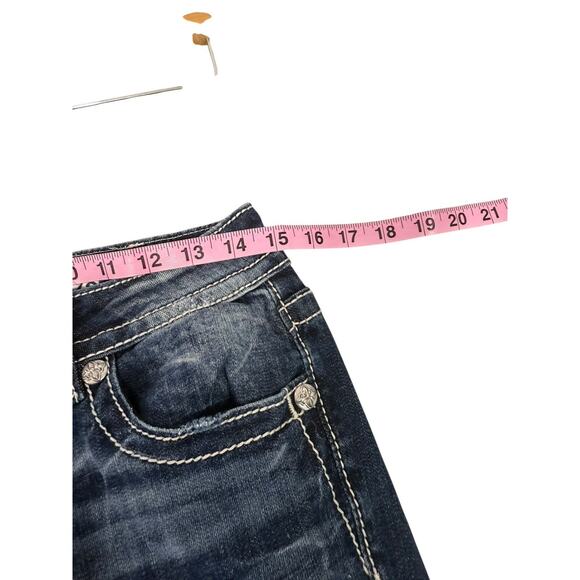 Miss Me Triangle Pocket Bootcut Jeans Bling Rhinestone Womens 28 HEMMED - Picture 7 of 9